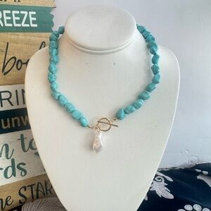 Turquoise Beaded Necklace with Pearl Pendant